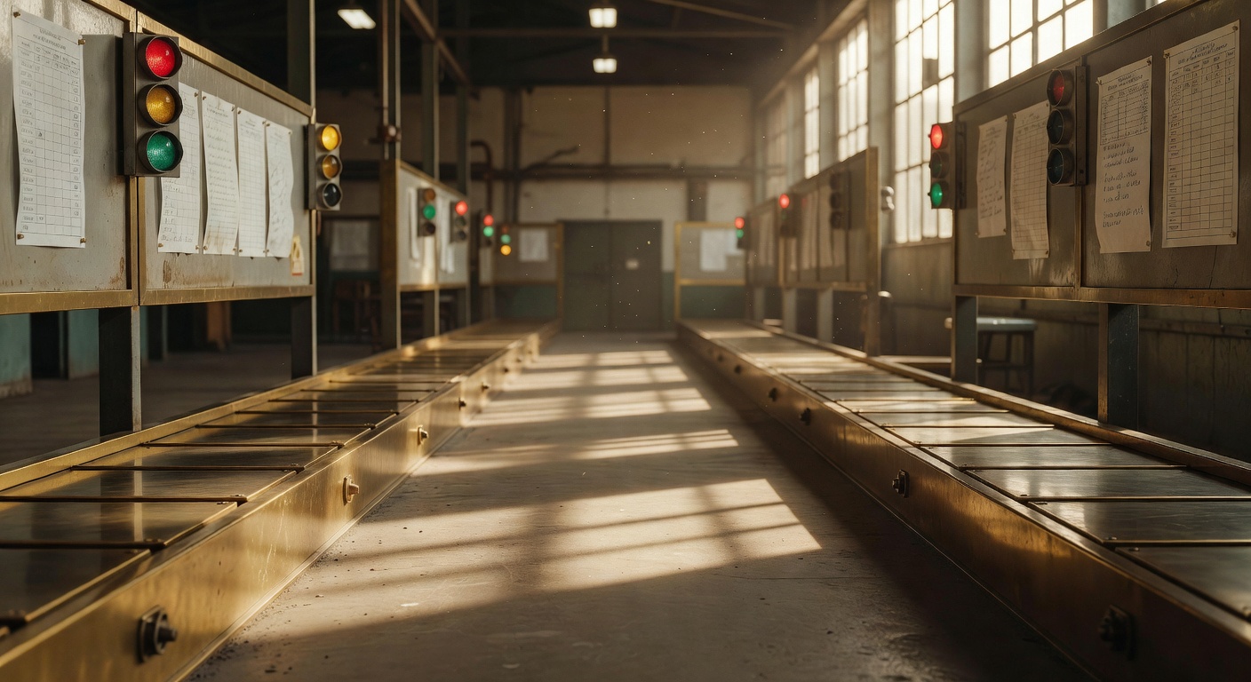 一座工廠的控制室,全螢幕顯示著自動化節奏表與 gate 狀態燈,暖色工業光,無文字