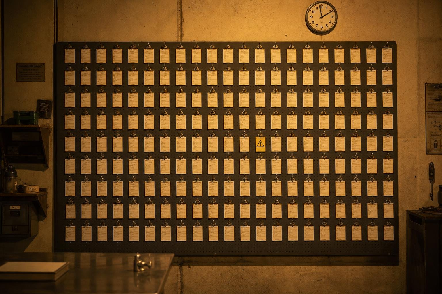 夜間工廠質檢室,牆面掛滿整排物理紙張作業單,一張被換成黃色診斷卡,暖鈉光燈照明,水泥與鋼鐵表面,無螢幕無人員,紀錄片風格